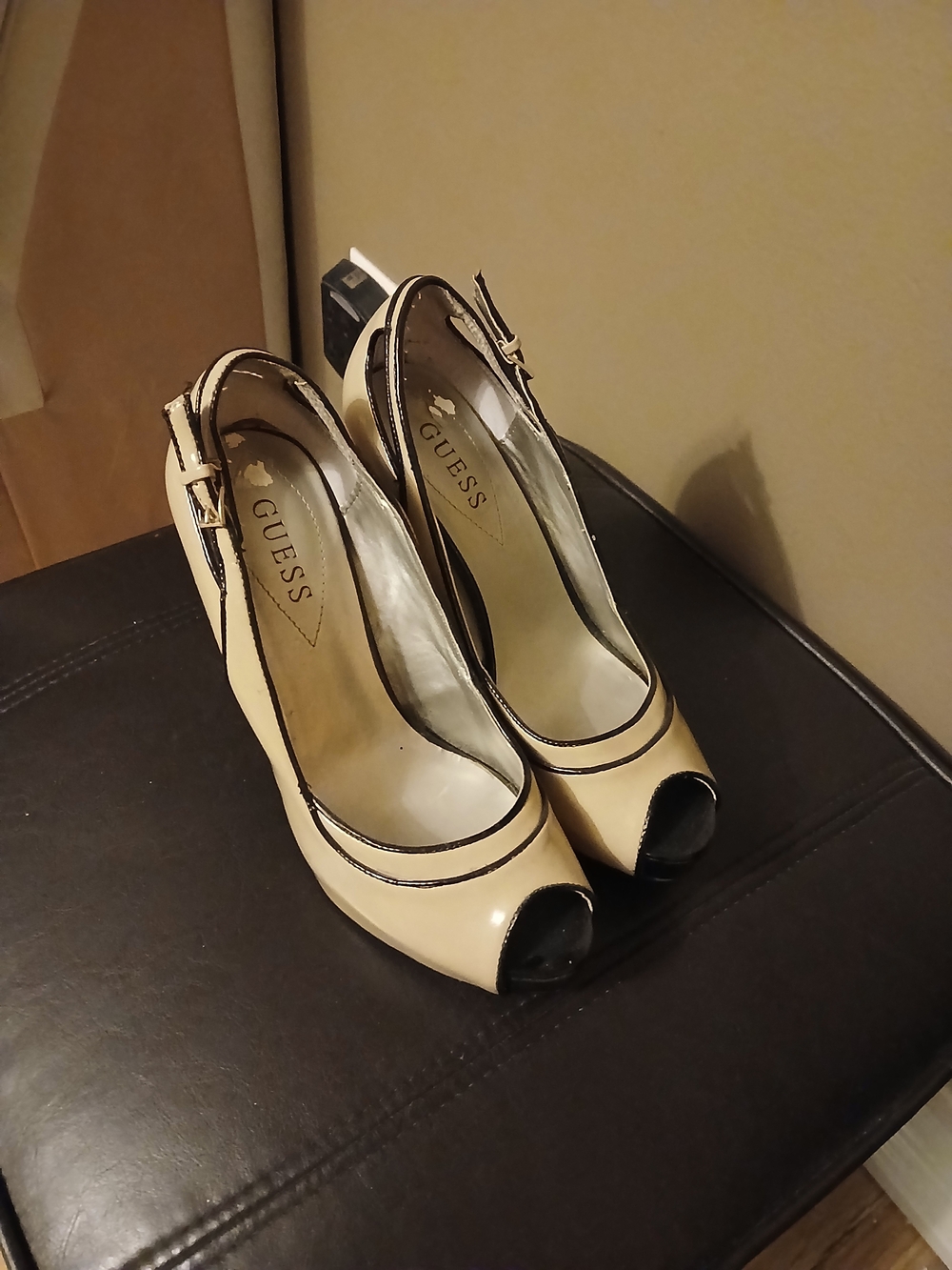 GUESS Beige and Black Peep-Toe Slingback Heels